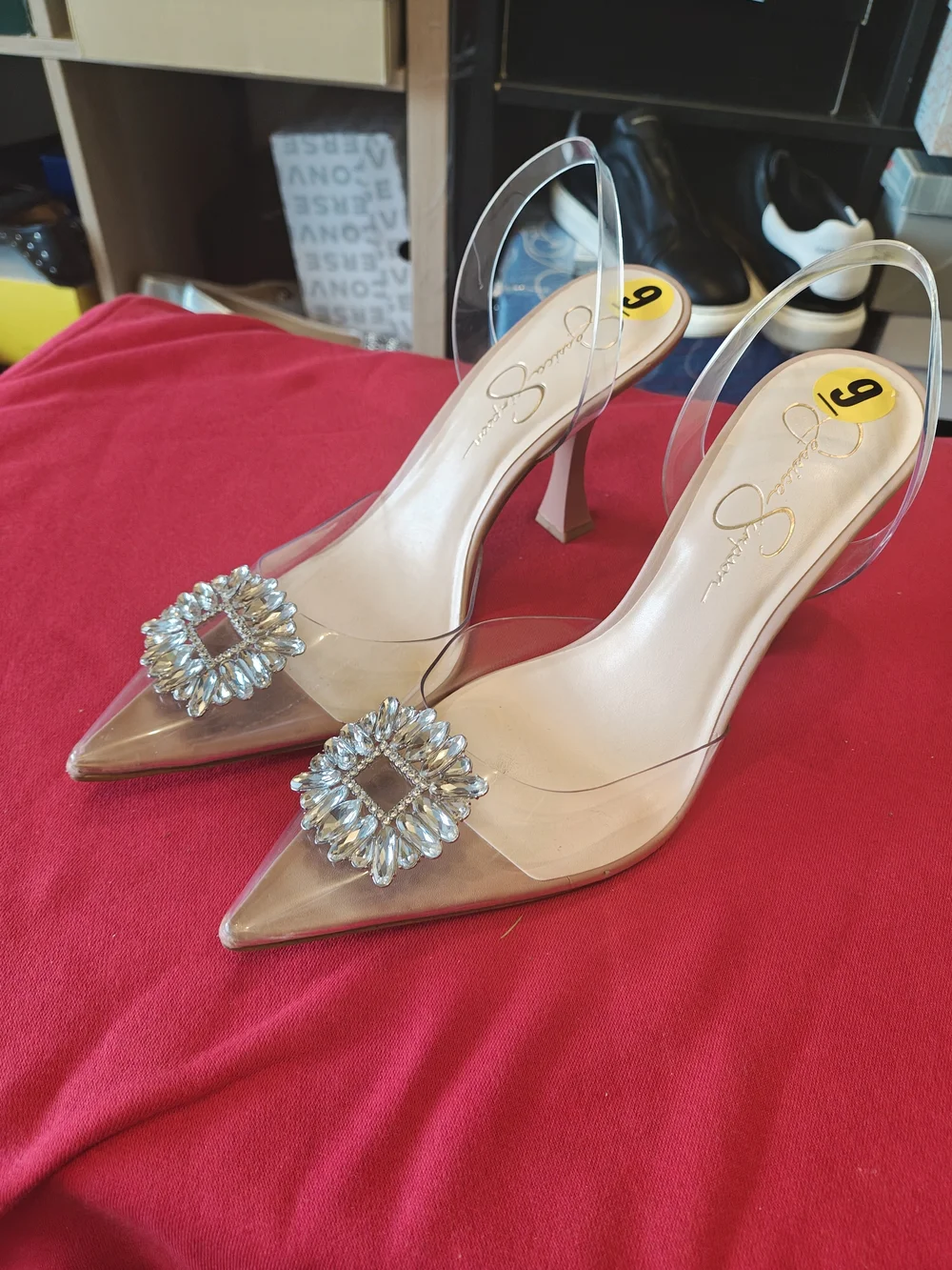 Jessica Simpson Clear PVC Slingback Heels with Crystal Brooch - Nude